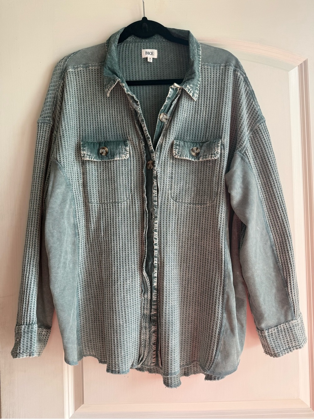 BKE Women’s Washed Teal Green Button-Down Waffle Shirt also worn as Shacket